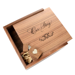 Walnut 4x6 Photo Box with Matching 2.0 USB Flash Drive - Filled with Raffia Grass - Laser Engraved "Our Story" Design With Heart