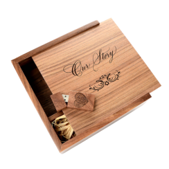 Walnut 4x6 Photo Box with Matching 2.0 USB Flash Drive - Filled with Raffia Grass - Laser Engraved "Our Story" Design