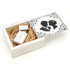 Antique Maple Wood USB Flash Drive with Printed Maple Wooden Box Filled with Raffia Grass. Wedding White - Groom & Bride Design!