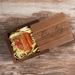 16GB Heart USB 2.0 Flash Drive with Laser Engraved Walnut Wooden Box Filled with Raffia Grass - "Our Story" Design!